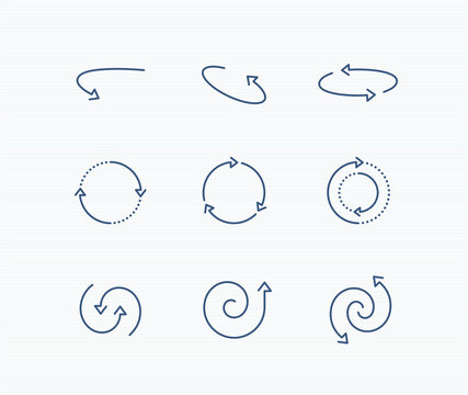 arrow rotation icon set: circle, round, rotate, refresh, loop, spin, swirl, spiral line arrows. editable stroke vector illustration  