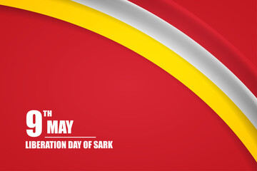 Happy liberation day of Sark country with tricolor curve flag and typography background