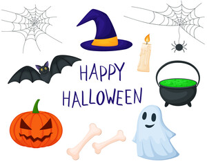 Halloween cartoon set. Vector illustration collection of elements for the holiday. Isolated on white background. Ghost, pumpkin, potion, witch hat, spider web, bat
