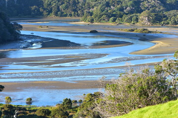 Tidal river meandering through estuary among mudflats exposed at low tide.