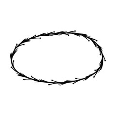 Hand drawn abstract oval frame with natural elements isolated on a white background. Doodle, simple outline illustration. It can be used for decoration of textile, paper.