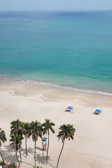 Aerial view of the beach with tents, palm trees and the lifeguard tower. Vertical photo