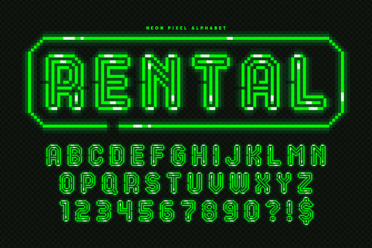 Pixel neon alphabet design, arcade style. High contrast, retro-futuristic.