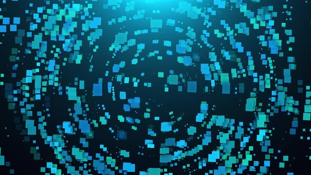 Geometric round dance 3d render of squares with bright light in center. Futuristic technology cubes various sizes forming circular portal to parallel dimension.
