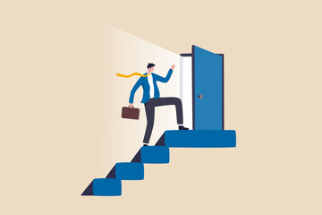 Open new opportunity door, career development or business decision for new challenge, success and achievement secret concept, businessman reaching top of stairway open bright light opportunity door.