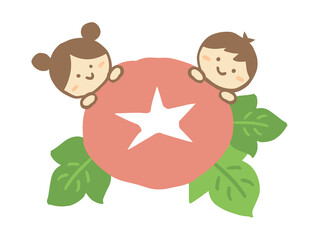 かわいい夏の朝顔と男の子と女の子の人物／手書きイラスト