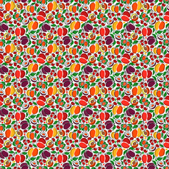 Oneline garden fruits seamless pattern(apple,pear,apricot,cherry,plum,gooseberry).Vector hand drawn illustration.Healthy food background
