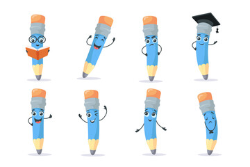 Funny pencil character vector illustrations set. Cute comic crayon with face as scholar or student, reading book, showing different emotions isolated on white background. School, education concept