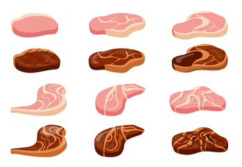 Set of grilled steaks of various degrees of doneness. Cartoon vector illustration. Raw, red, roast, fresh sirloins of beef or pork meat. Steakhouse, food, meal concept for banner design, landing page