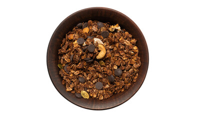 Chocolate granola cereal with nuts in a bowl background.