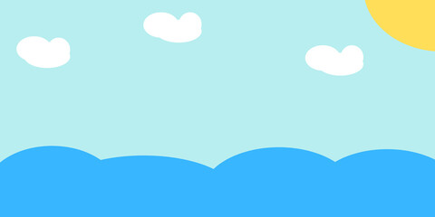 Illustration of sea, sky, sun, and clouds.