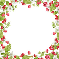 frame with watercolor raspberries for creating cards, inscriptions in green and red