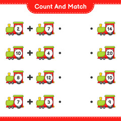 Count and match, count the number of Train and match with the right numbers. Educational children game, printable worksheet, vector illustration