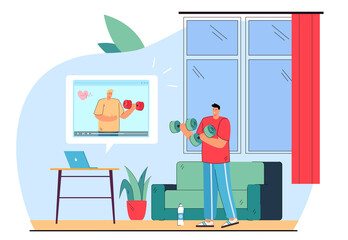 Man training with trainer online at home. Male person watching video on laptop and doing exercises during lockdown flat vector illustration. Coronavirus, streaming workout, sport, self-care concept