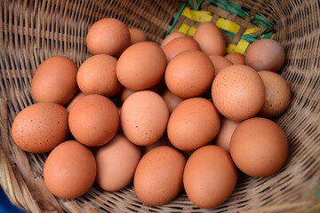 Fresh chicken eggs in a bamboo basket.