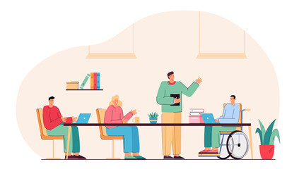 Male student in wheelchair attending lesson at school. Group of people having conversation, working together. Teacher standing and explaining new material. Inclusion, meeting, education concept