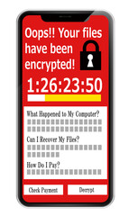ランサムウェア ウイルスに感染した画面を表示するスマートフォン