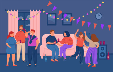 People dancing at home party flat vector illustration. Young cartoon charachters talking, having fun together at night. Friends, leisure activity, celebration, weekend concept
