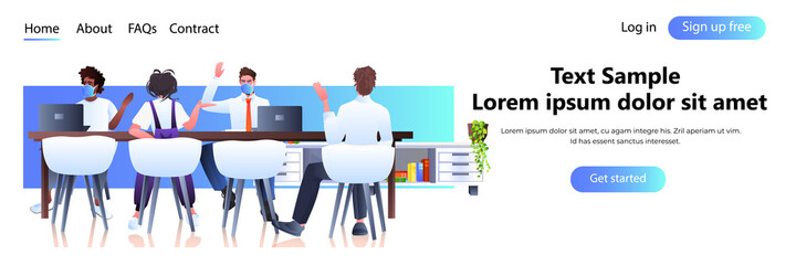 businesspeople team in masks discussing during meeting at round table brainstorming coronavirus quarantine