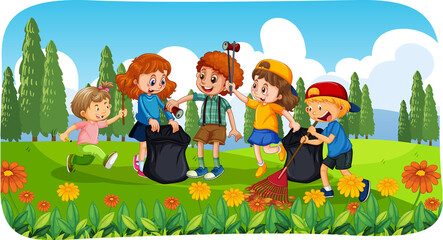 Park scene with a group of children cleaning park