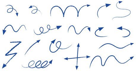 Different types of blue hand drawn curved arrows on white background