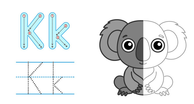 Trace the letter and picture and color it. Educational children tracing game. Coloring alphabet. Letter K and funny Koala