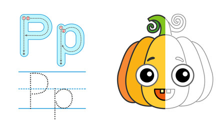 Trace the letter and picture and color it. Educational children tracing game. Coloring alphabet. Letter P and funny Pumpkin