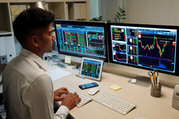 Stock broker working on computer and analyzing charts and prices on screens of various gadgets