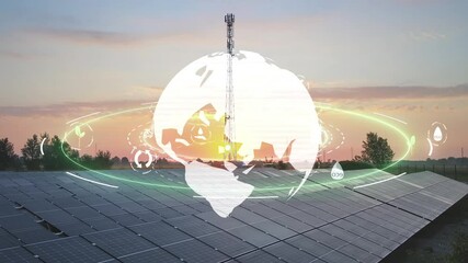 Save the planet go green concept. Renewable alternative eco Energy photovoltaic solar panel controlled by 5G 6G App telecom tower station. Smart energy supply new industrial revolution. - Powered by Adobe