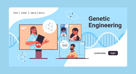 doctor consulting patients during video call DNA testing genetic engineering diagnosis online consultation concept