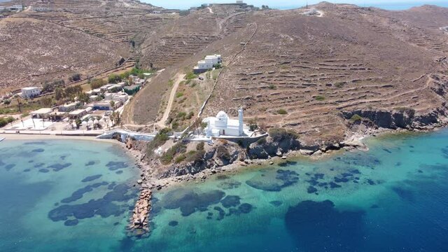 Aerial view of the Agia Irini, Saint Irene, Greek Orthodox church, Chora, Ios Island, Greece