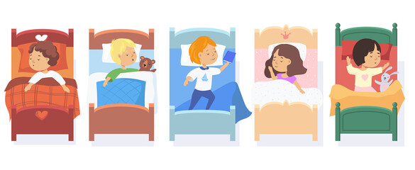 Set of children sleeping in beds. Cartoon vector illustration. Little boys and girls falling asleep, getting rest under blankets during bedtime at night. Nursery, kindergarten, childhood concept