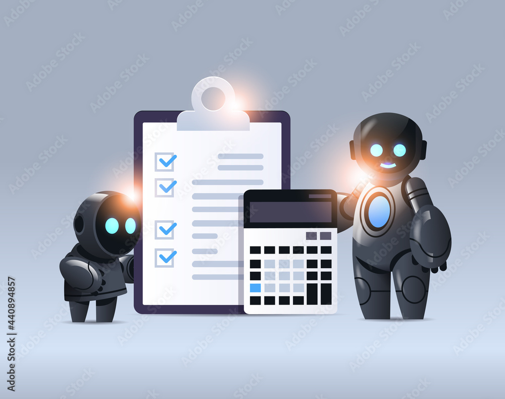 Poster robots with clipboard and calculator financial data report organization process analytics accounting