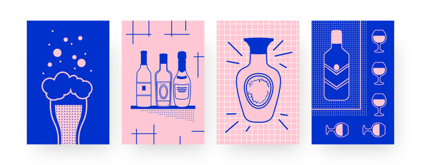 Collection of contemporary posters with beer and wine. Glass of beer, bottles and wineglasses vector illustrations in creative style. Alcohol, bar concept for designs, social media, invitation cards