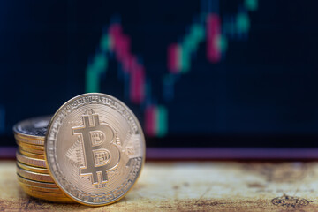 Business , Money, Technology and  cryptocurrency Concept. Closeup of Bitcoin coin and stack with candlestick chart on vintage world map.