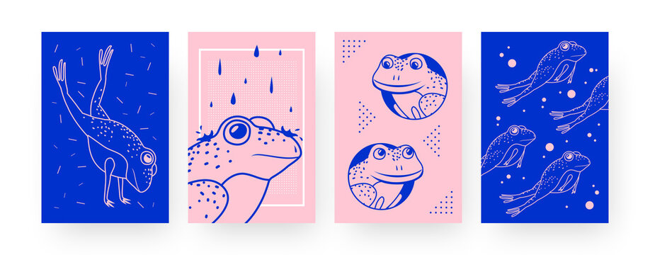 Set of contemporary art posters with cute frogs. Amphibian jumping and swimming vector illustrations in creative style. Zoology, nature concept for designs, social media, postcards, invitation cards