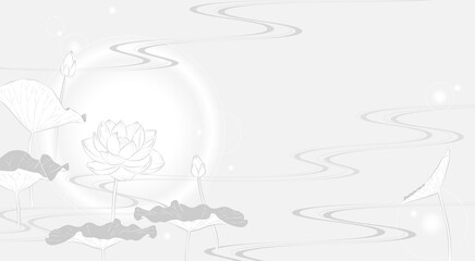 流水に蓮の花の背景イラスト（薄墨風）