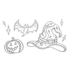 Black and white illustration of a witch hat and broomstick. Halloween set, coloring book.