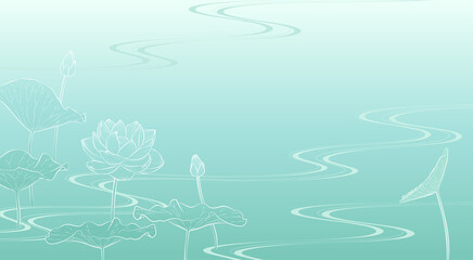 Fototapeta na wymiar 流水に蓮の花の背景イラスト（薄緑）