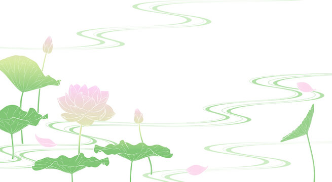 流水に蓮の花の背景イラスト（淡彩）