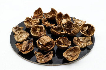 Walnut pile out its shell. Walnut kernels close up