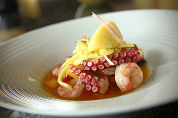 A nice plate of Mediterranean food whose ingredients are octopus and shrimp
