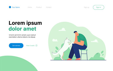 Cartoon sad man with dog flat vector illustration. Male character sitting on chair and looking at pet touching his knees. Stress, sadness, trouble, animal, pet, support concept for banner design