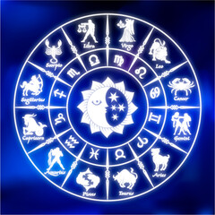 Blue neon horoscope circle.Circle with signs of zodiac.Vector