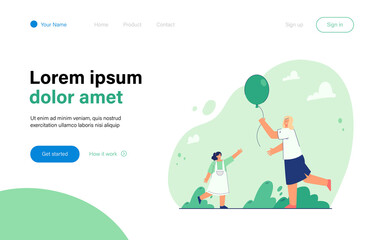 Cartoon woman giving pink balloon to little girl. Flat vector illustration. Happy mother handing balloon to her daughter for good behavior or as gift. Present, happiness, family, childhood concept