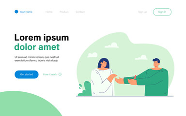 Man proposing to woman. Flat vector illustration. Male character putting wedding ring on happy female person, asking about marriage. Family, proposal, marriage, wedding, tradition concept for design