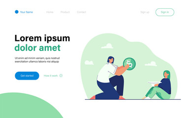 Woman donating money to poor girl. Flat vector illustration. Female character putting giant gold coin in hat that little girl holding. Charity, donation, money concept for banner design, landing page