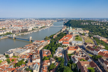 Hungary - Budapest landscape from above with Buda castle, Chain Bridge, Parlament, Danube river, Matthias Church