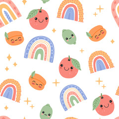 Fototapeta premium Cute baby fruits and rainbows with smiling face cartoon seamless pattern. Happy kawaii tropical food repeat background. Magic exotic characters in flat doodle style. Modern trendy vector illustration