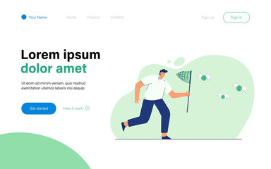 Man catching winged coins with butterfly net. Flat vector illustration. Male cartoon character achieving financial goal, attracting investments, saving money. Business, success, money concept
